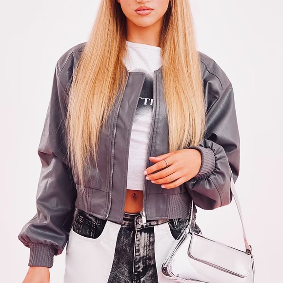 New PLT $105 Petite Grey Oversized Bomber Jacket - 10P - Picture 2 of 5
